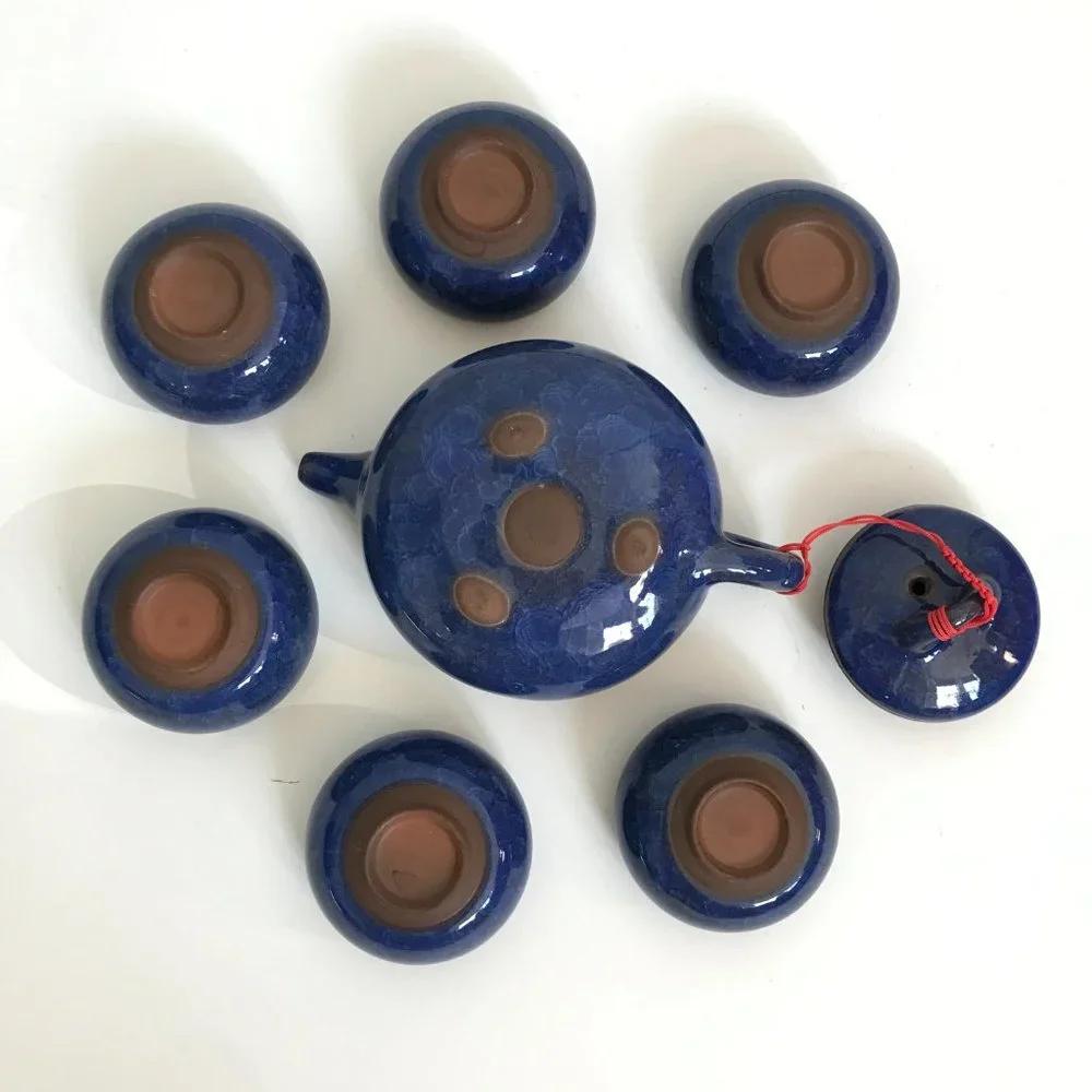 Asian Blue Ice Crackle Glazed Terracotta Teapot and Tea Cup Set - 7 Pieces - Picture 4 of 11